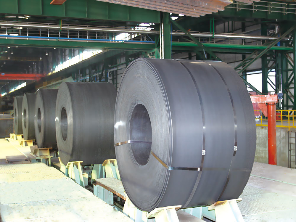 Hot rolled steel coil stock in workshop