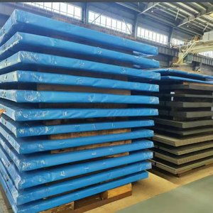 Structural steel plate sheets stacked on timber supports