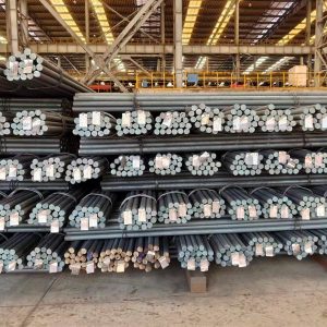 Round steel bar stock in warehouse
